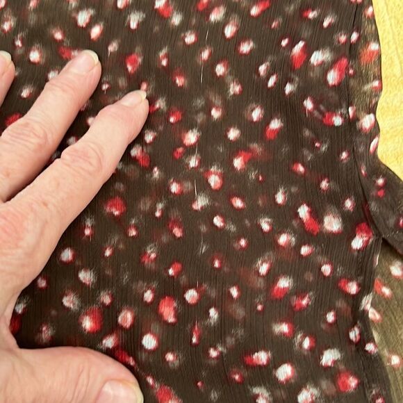 J Jill LS sheer blouse brown w/ red white print GUC last picture shows colors - Picture 15 of 16